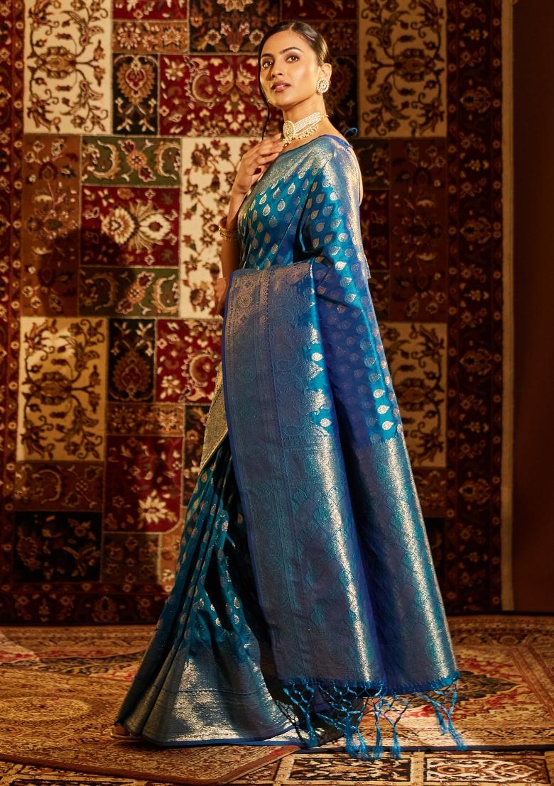 Turquoise Blue Woven Silk Saree Set