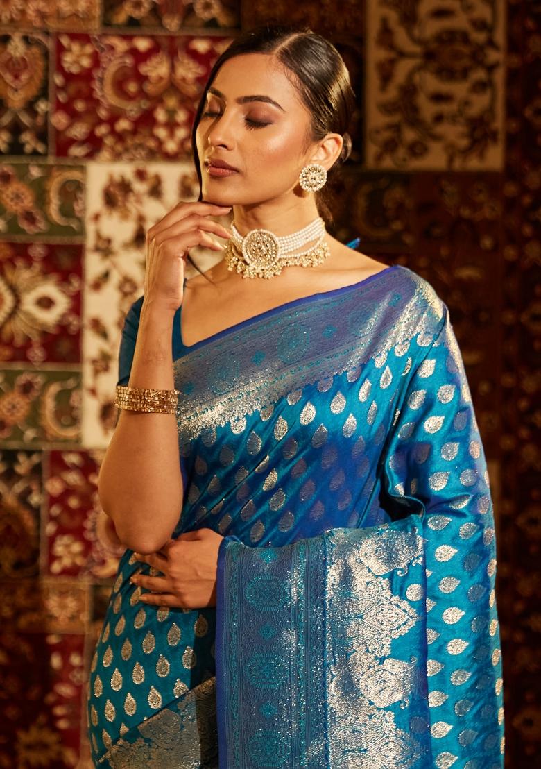 Turquoise Blue Woven Silk Saree Set