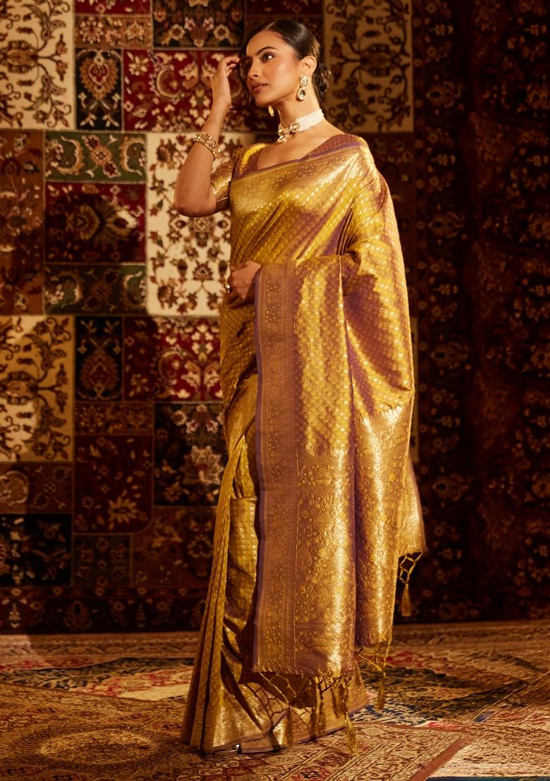 Mustard Yellow Woven Silk Saree Set