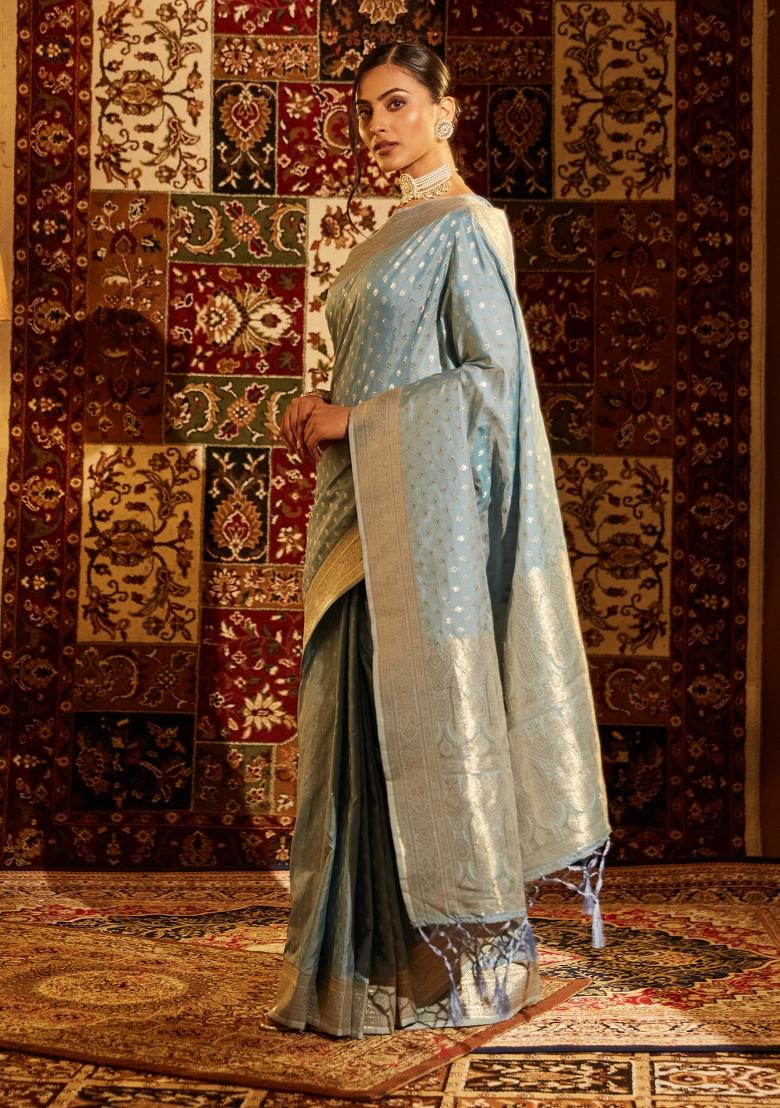 Teal Blue Woven Silk Saree Set