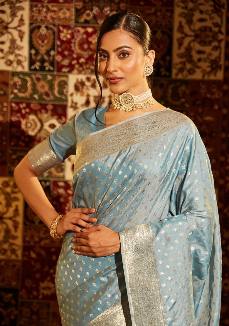 Teal Blue Woven Silk Saree Set