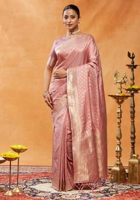 Peach Woven Silk Saree Set