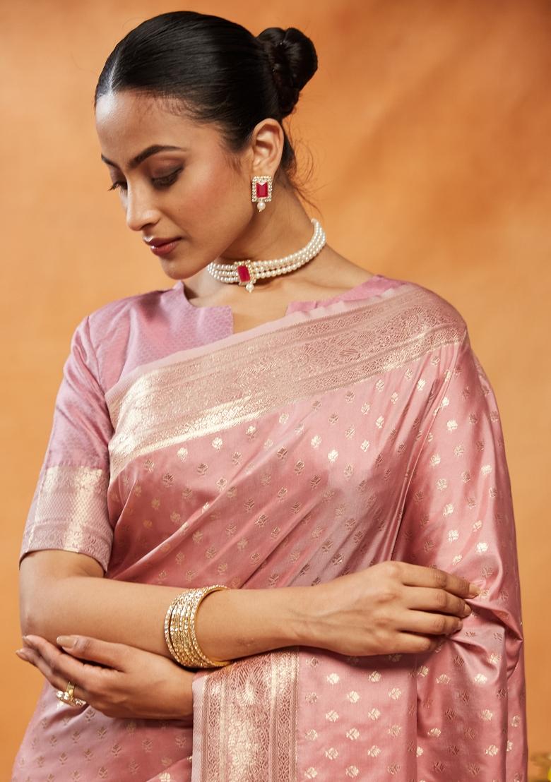 Peach Woven Silk Saree Set