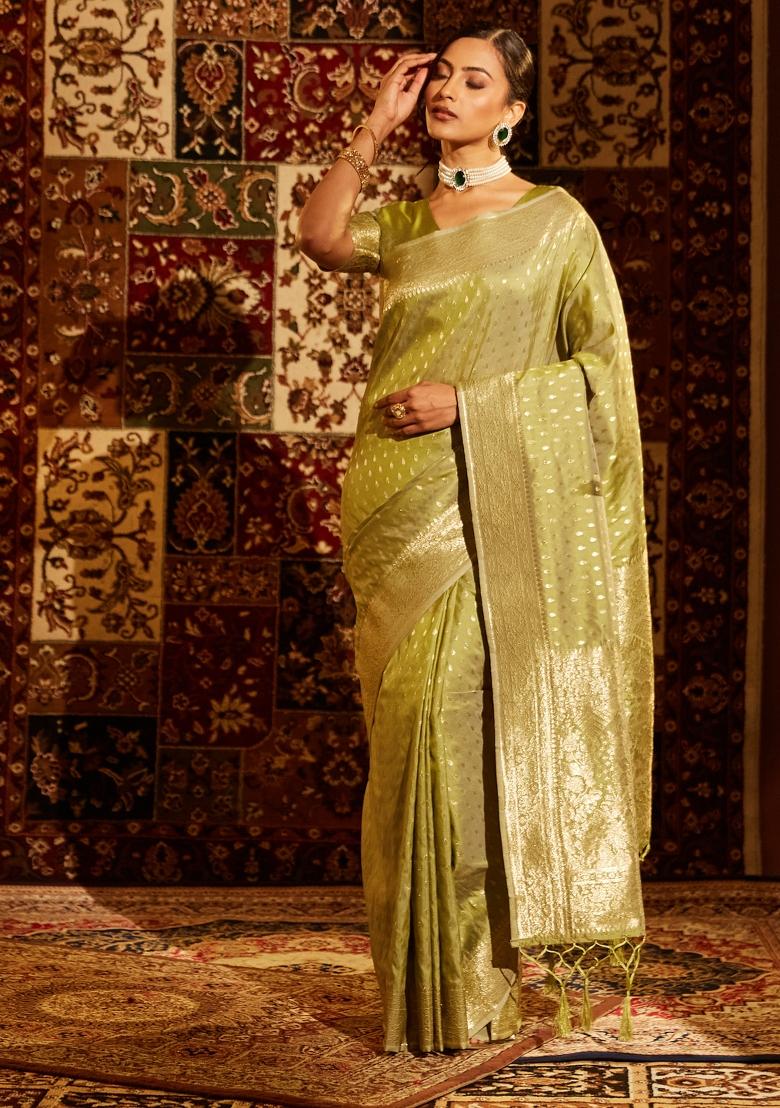 Olive Green Woven Silk Saree Set