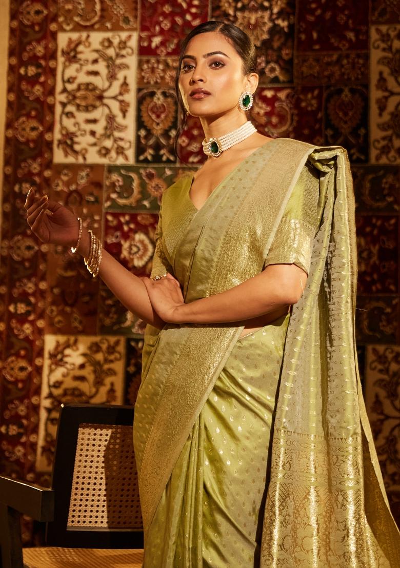 Olive Green Woven Silk Saree Set
