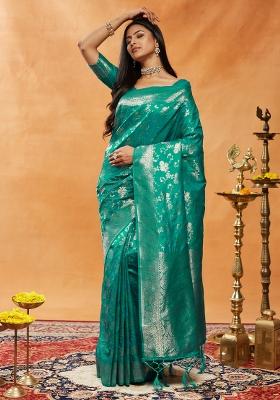 Teal Blue Woven Silk Saree Set
