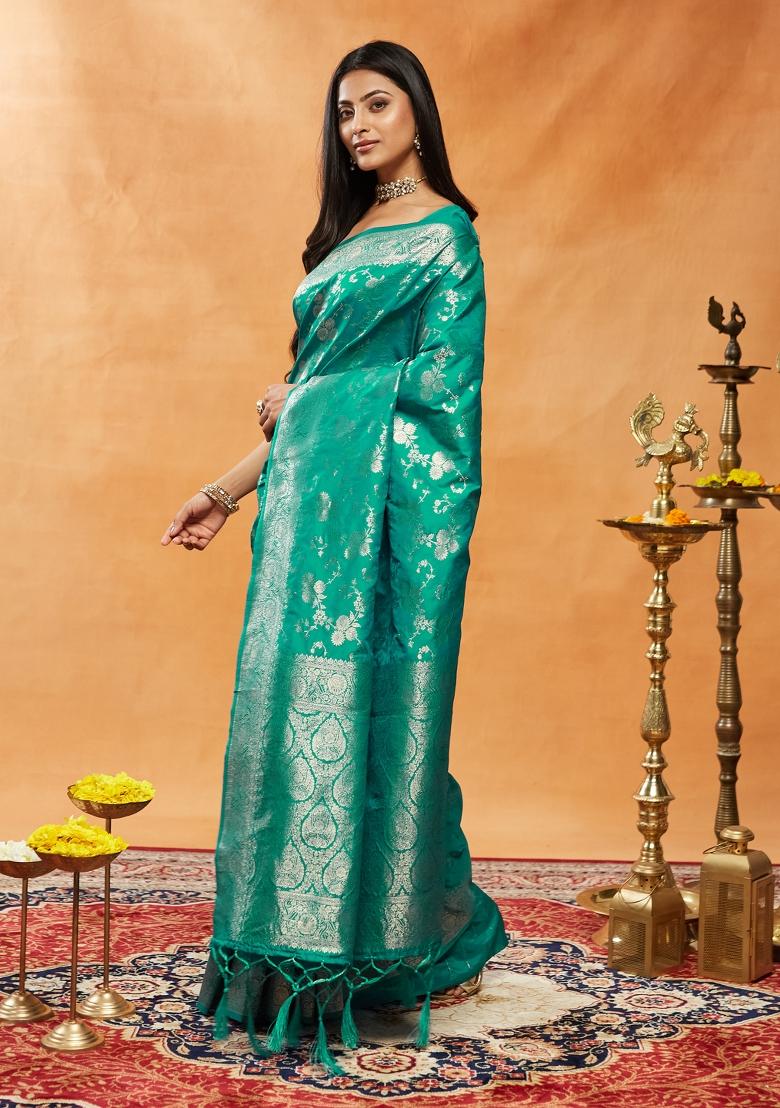 Teal Blue Woven Silk Saree Set