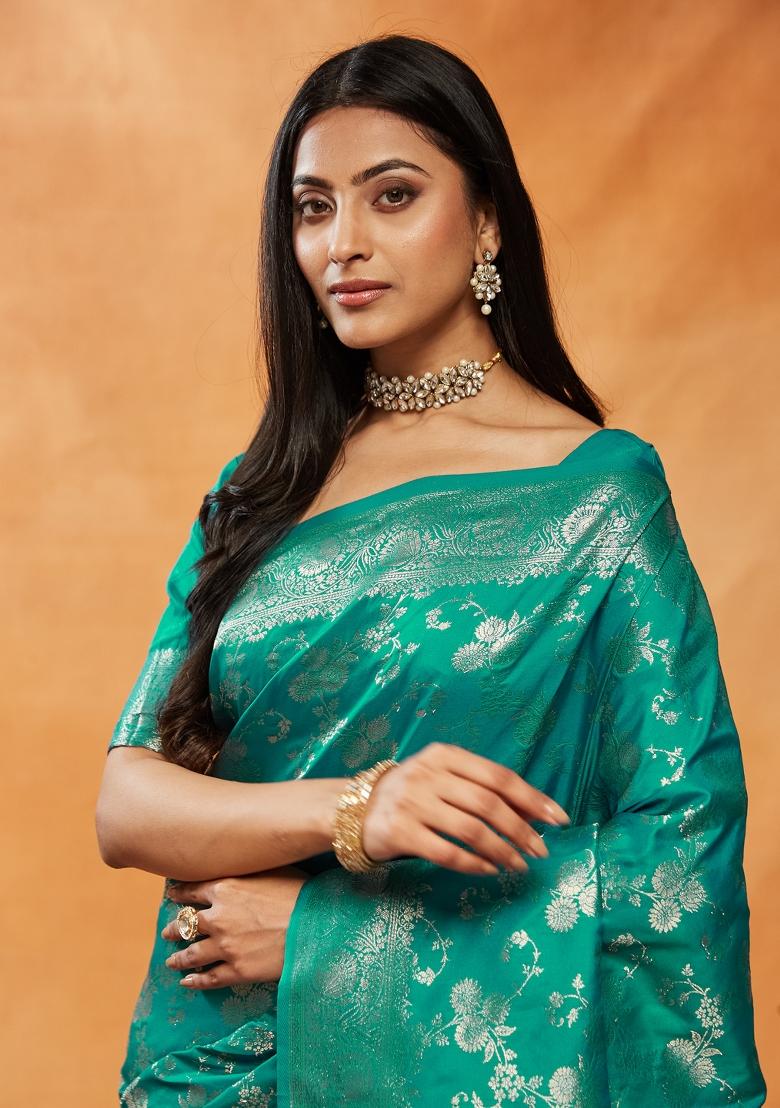 Teal Blue Woven Silk Saree Set