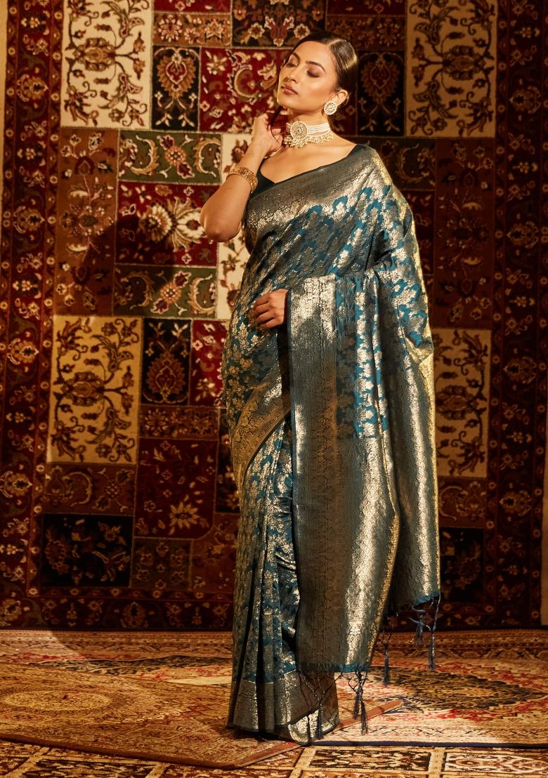 Teal Blue Woven Silk Saree Set