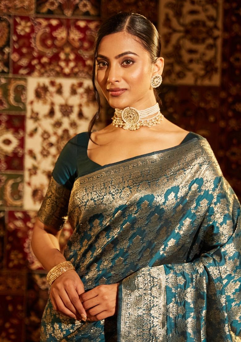 Teal Blue Woven Silk Saree Set