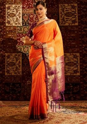 Orange Woven Silk Saree Set