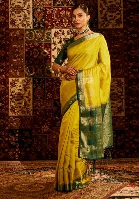 Lime Green Woven Silk Saree Set