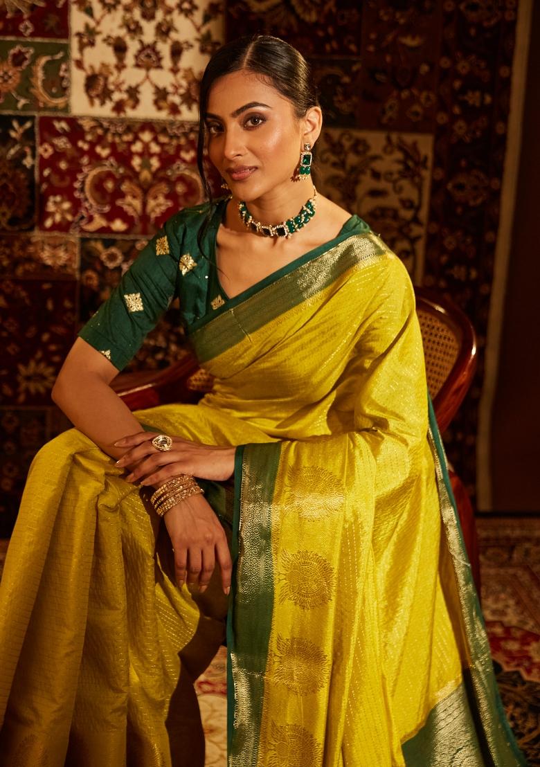 Lime Green Woven Silk Saree Set