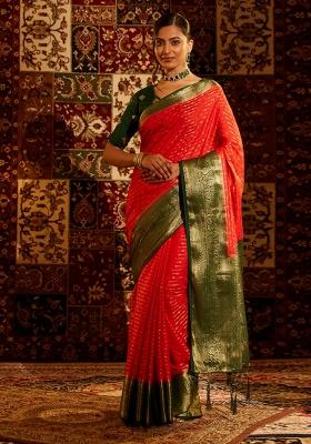 Red Woven Silk Saree Set