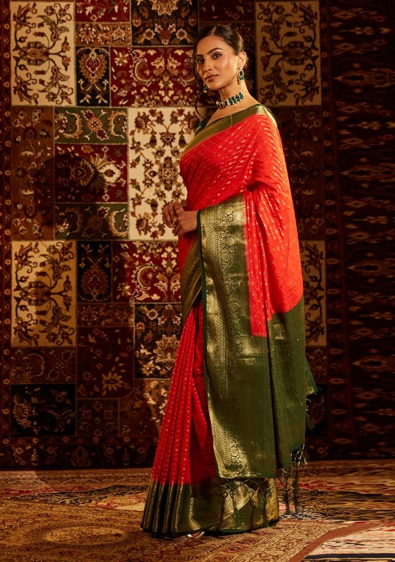 Red Woven Silk Saree Set