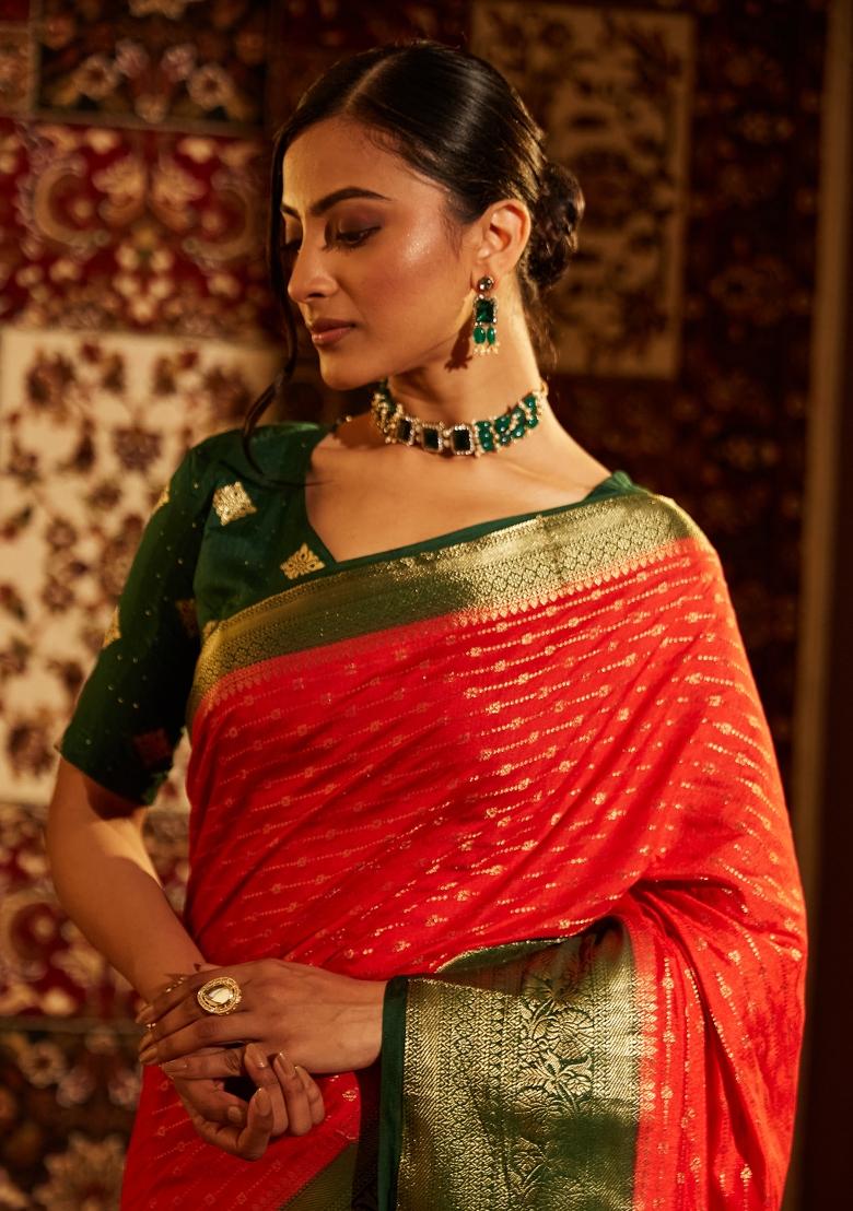 Red Woven Silk Saree Set