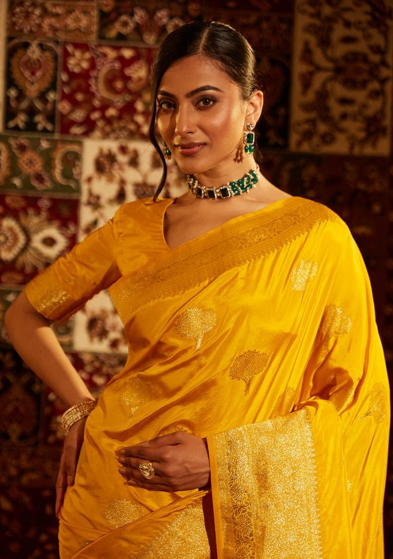 Mustard Yellow Woven Silk Saree Set