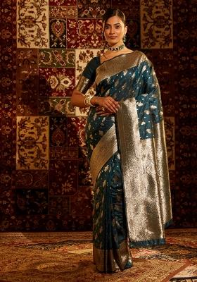 Turquoise Blue Woven Silk Saree Set