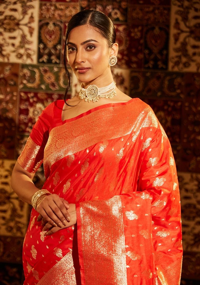 Red Woven Silk Saree Set