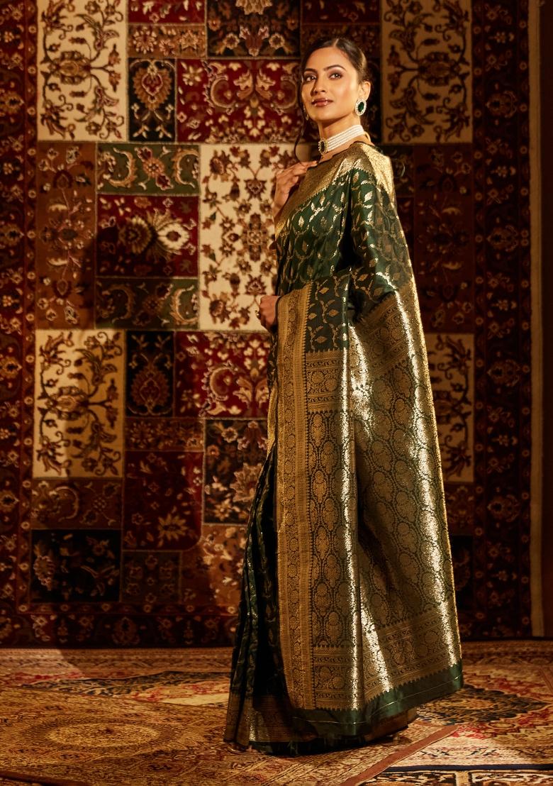 Green Woven Silk Saree Set