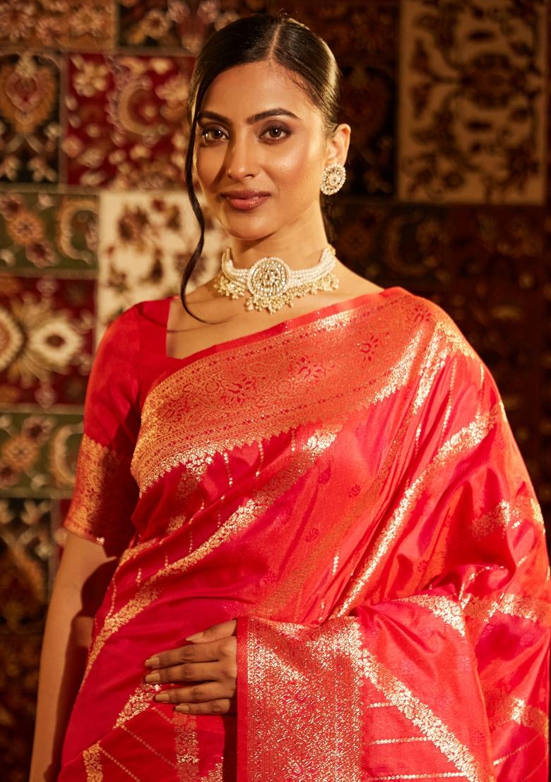 Red Woven Silk Saree Set