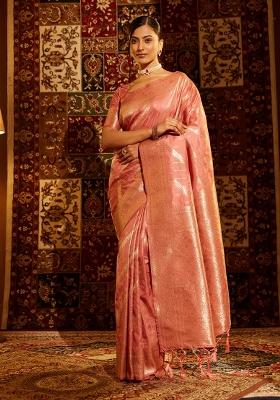 Peach Woven Silk Saree Set