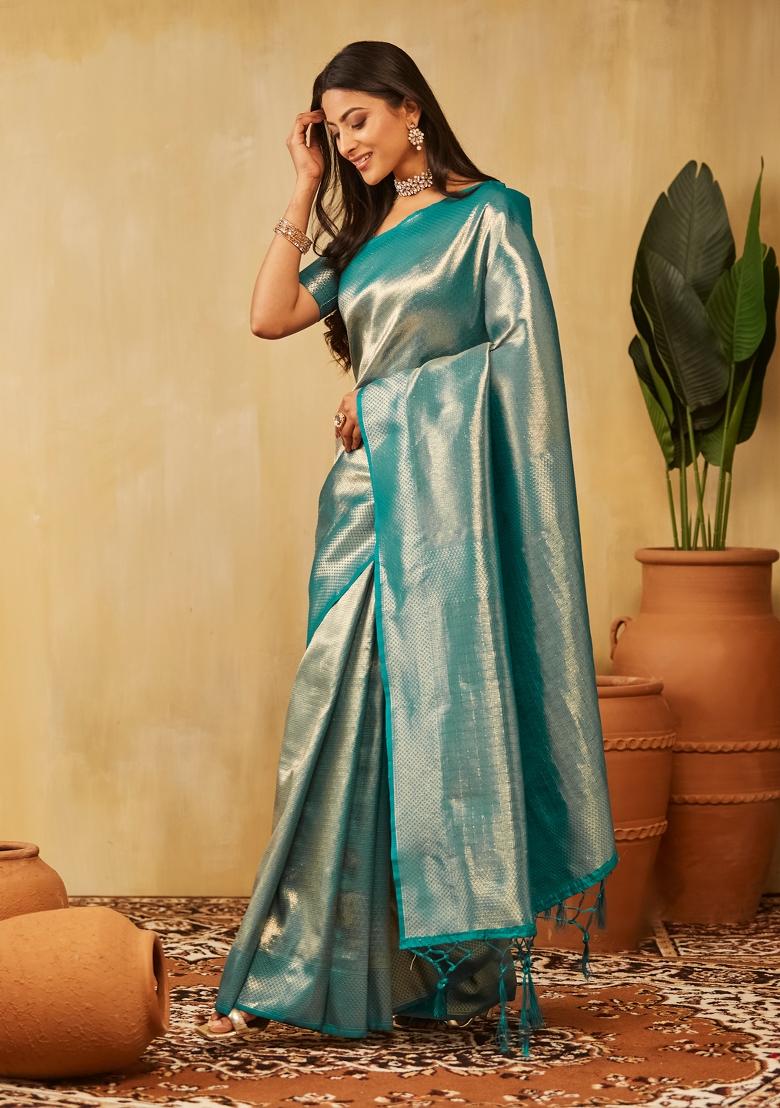 Teal Blue Woven Silk Saree Set