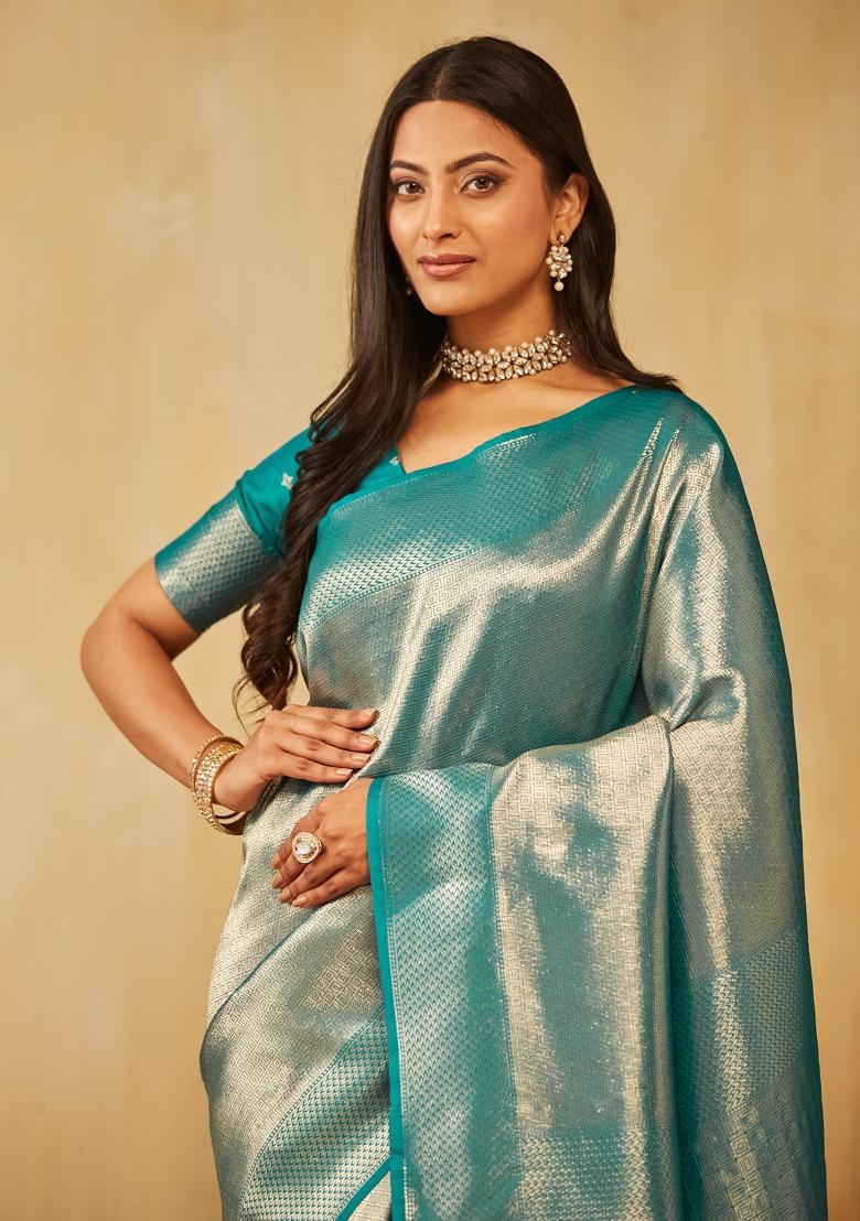 Teal Blue Woven Silk Saree Set