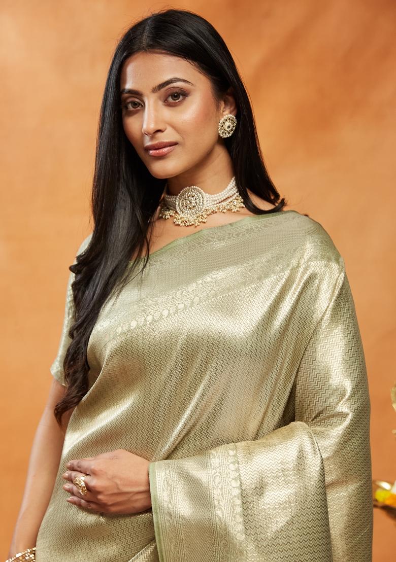 Green Woven Silk Saree Set