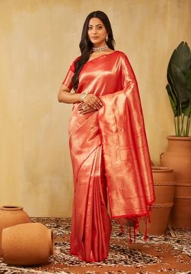 Red Woven Silk Saree Set