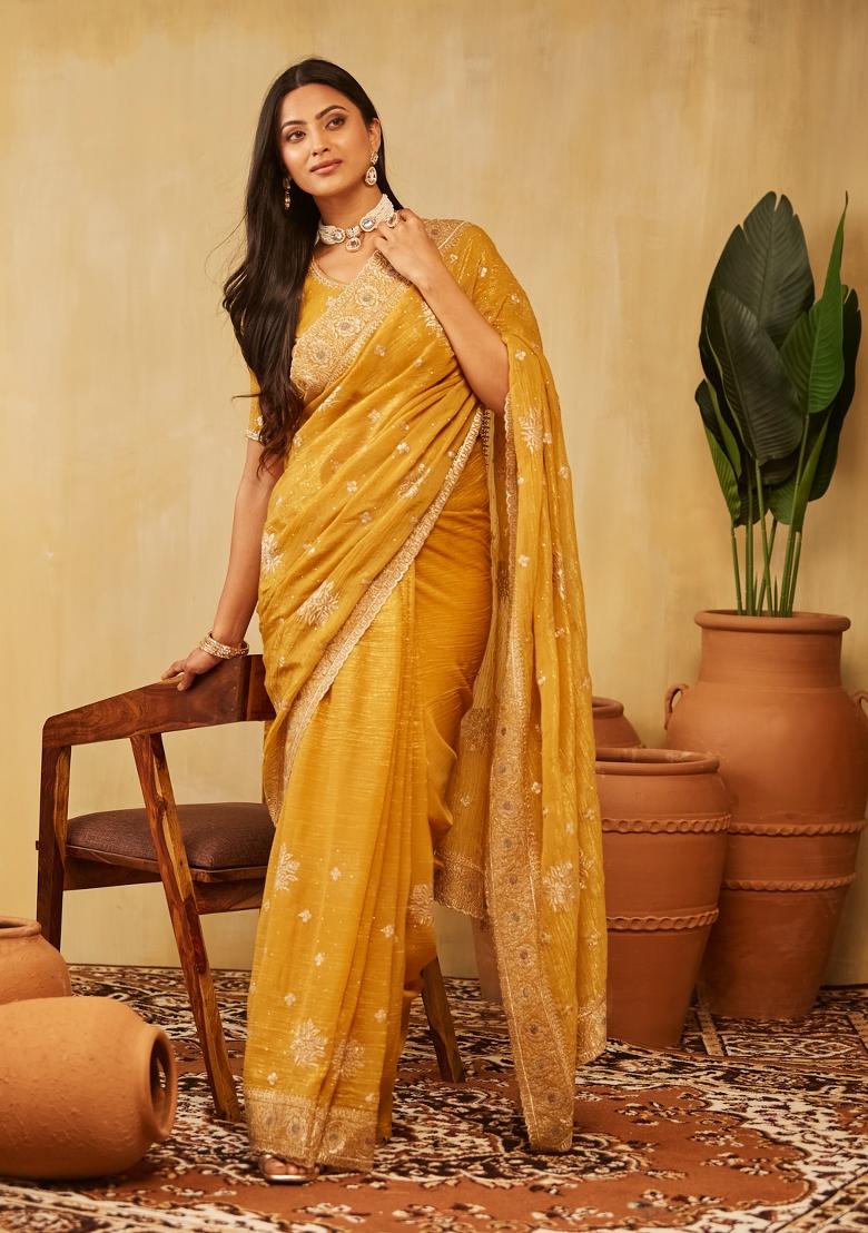 Mustard Yellow Embroidered Chiffon Saree Set