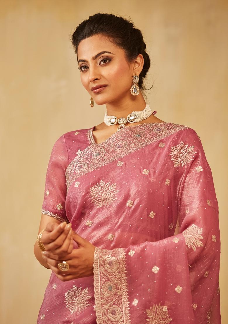 Lavender Embroidered Chiffon Saree Set