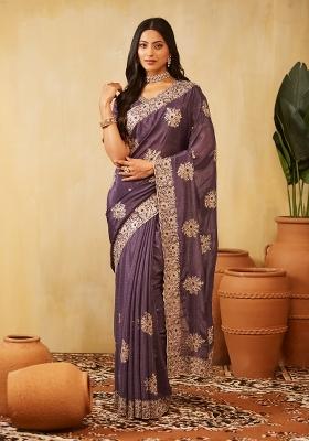 Blue Embroidered Silk Blend Saree Set