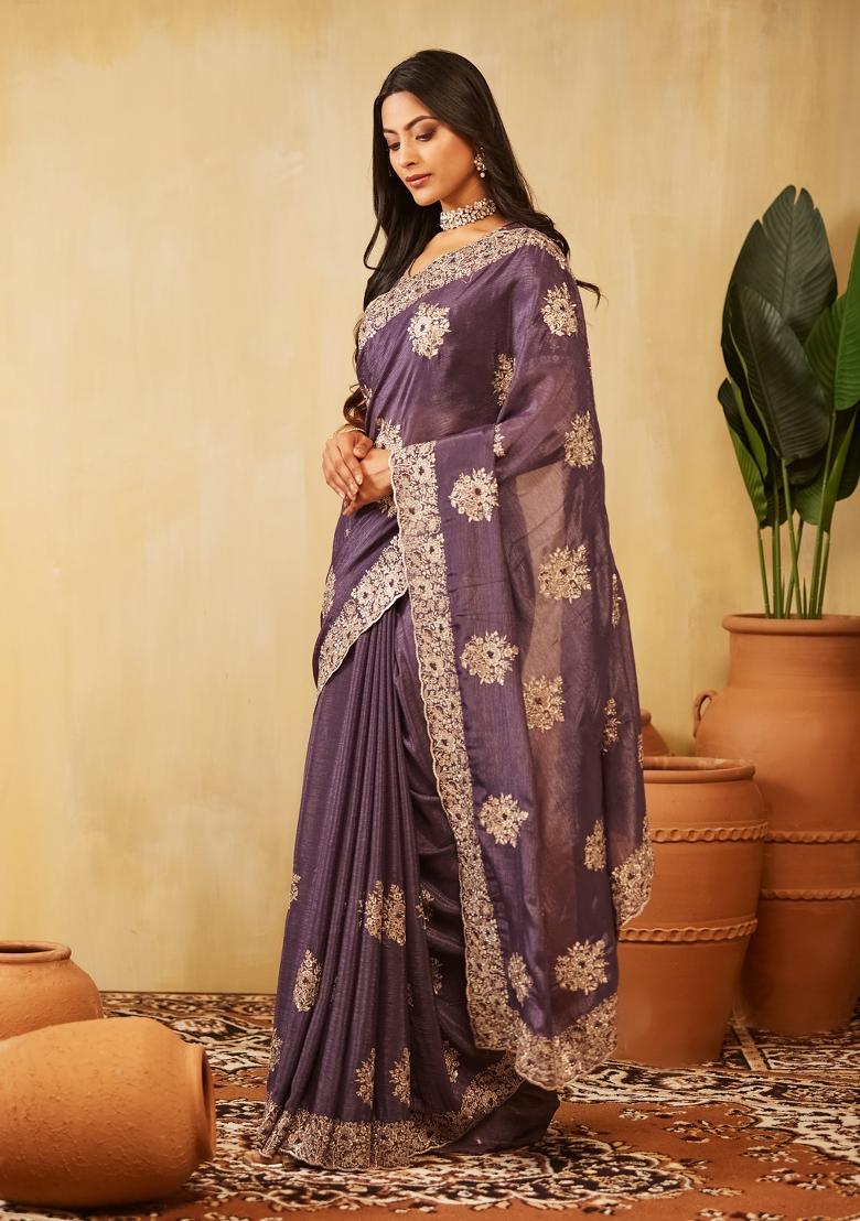 Blue Embroidered Silk Blend Saree Set