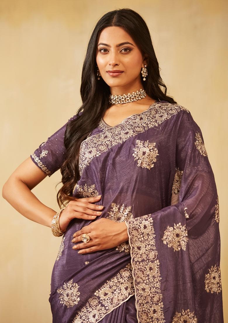 Blue Embroidered Silk Blend Saree Set