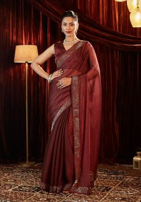 Maroon Embellished Silk Blend Saree Set