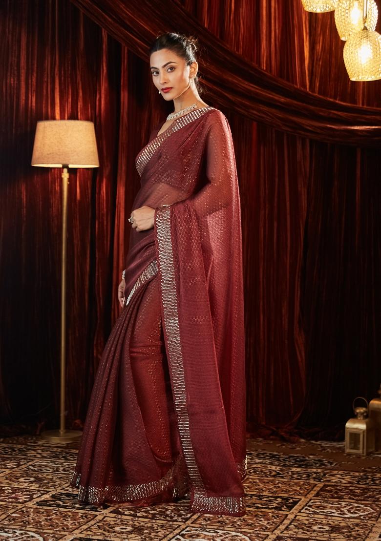 Maroon Embellished Silk Blend Saree Set