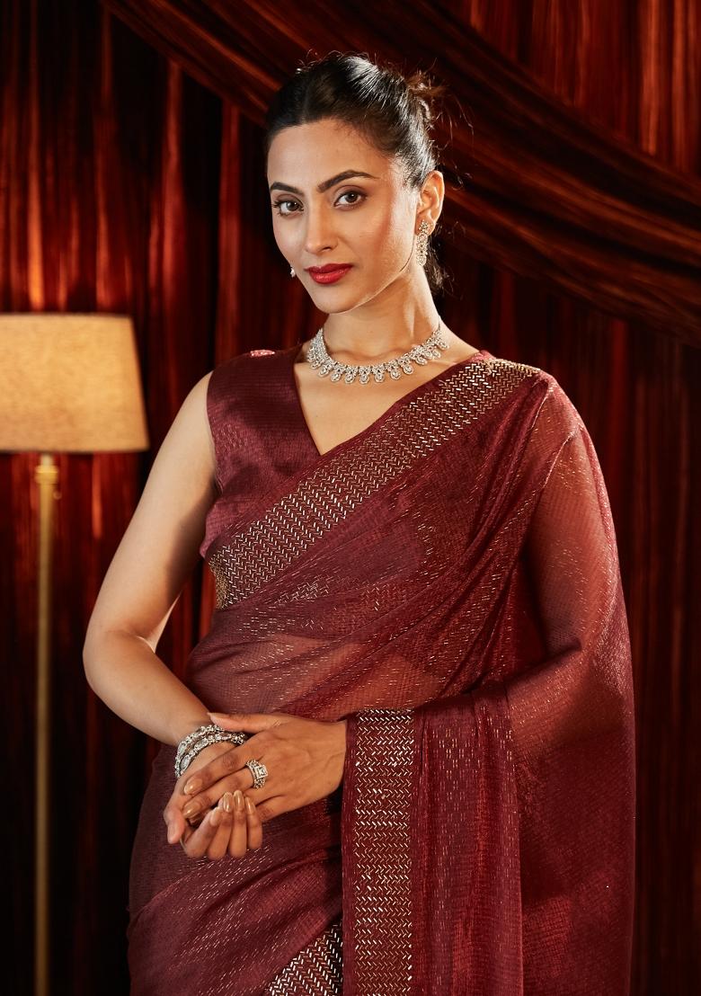 Maroon Embellished Silk Blend Saree Set