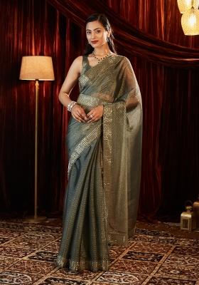 Grey Embellished Silk Blend Saree Set