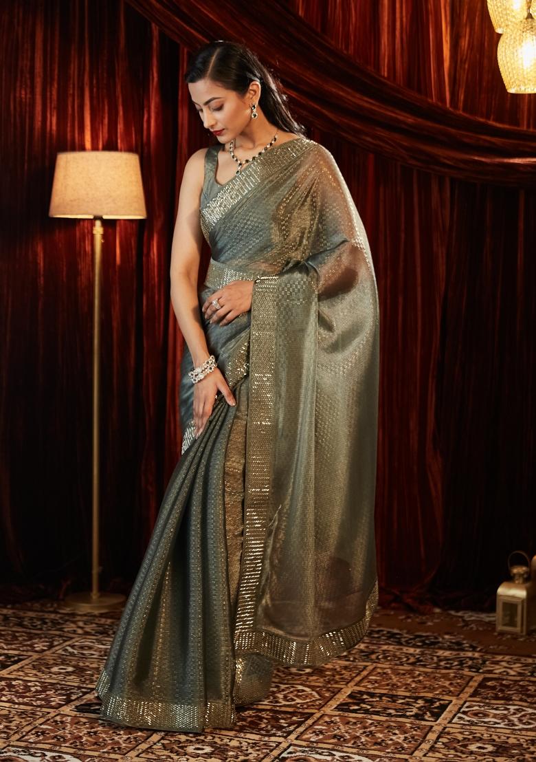 Grey Embellished Silk Blend Saree Set