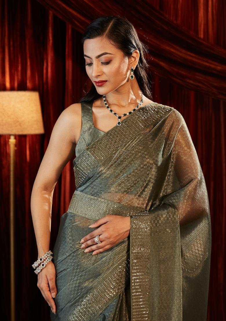 Grey Embellished Silk Blend Saree Set