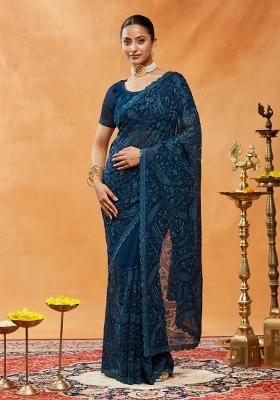 Turquoise Blue Embroidered Georgette Saree Set