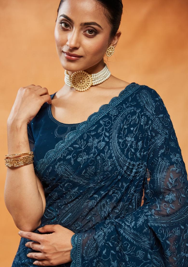 Turquoise Blue Embroidered Georgette Saree Set
