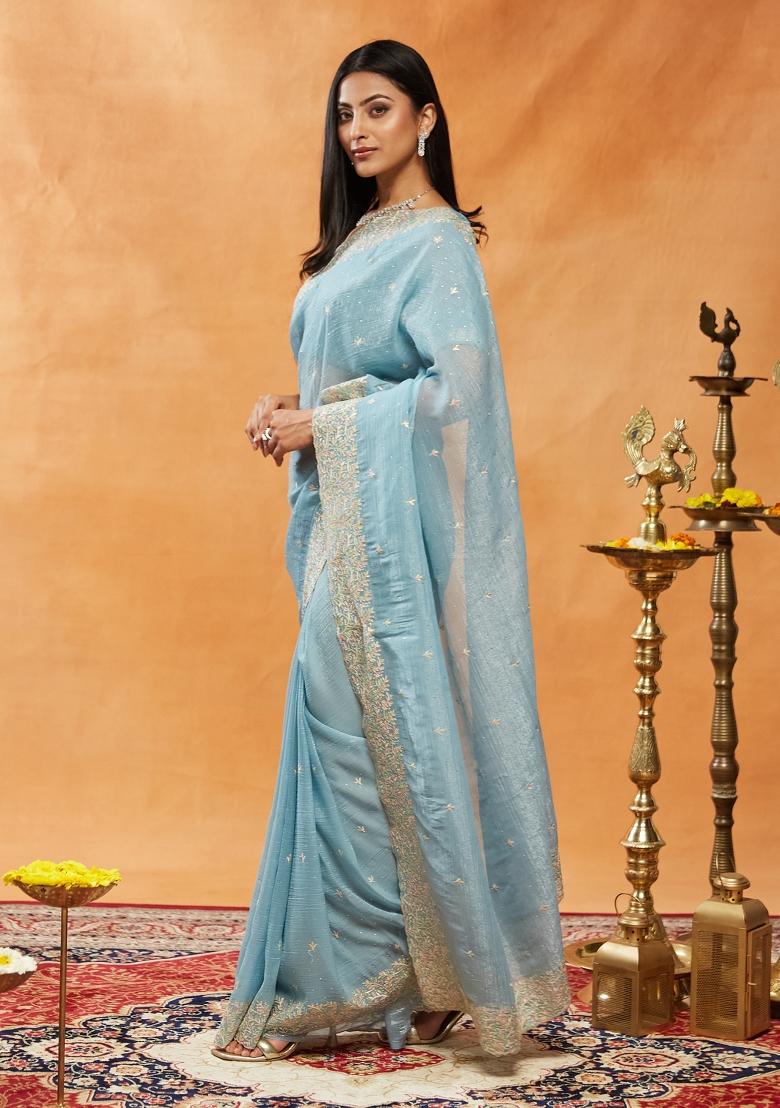 Turquoise Blue Embroidered Chiffon Saree Set