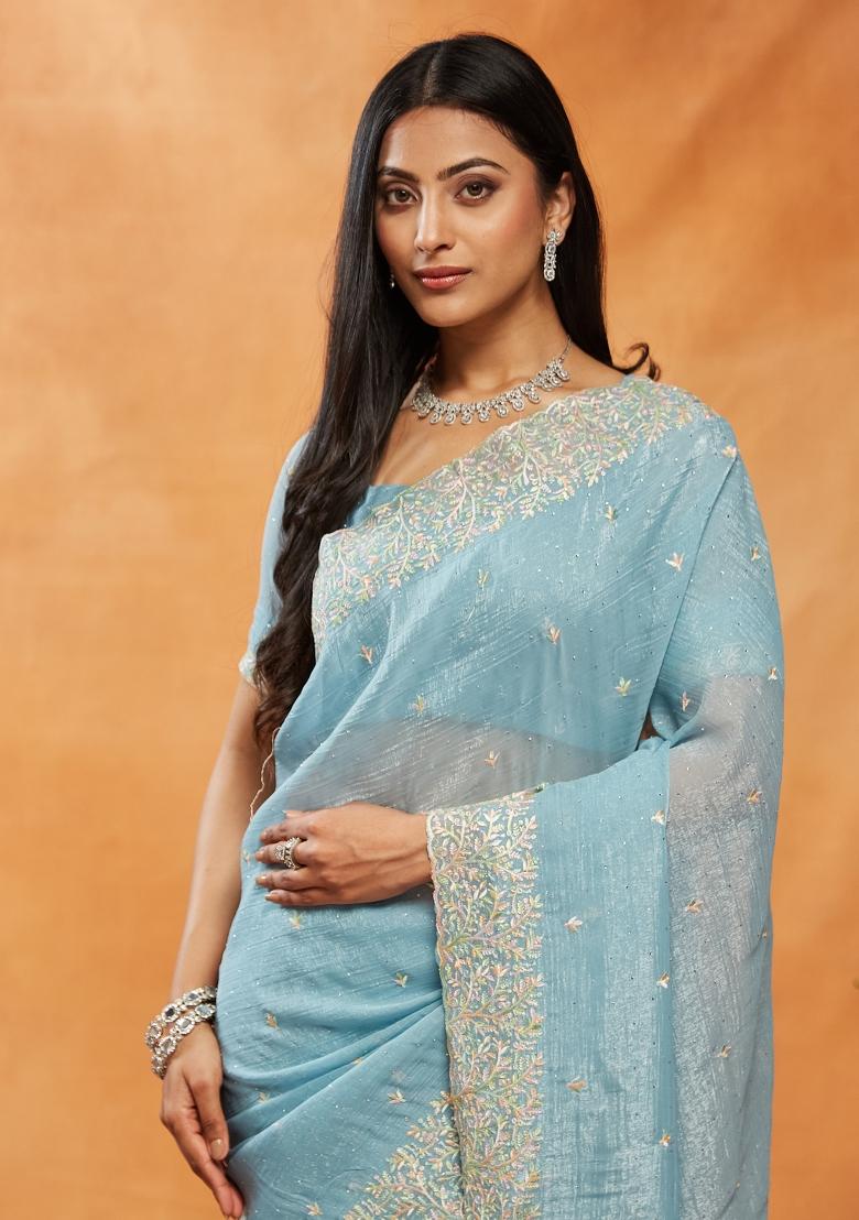 Turquoise Blue Embroidered Chiffon Saree Set