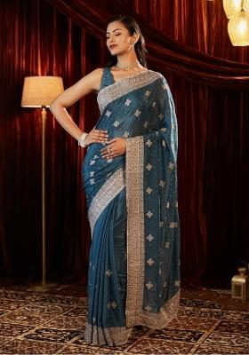Turquoise Blue Embroidered Chiffon Saree Set