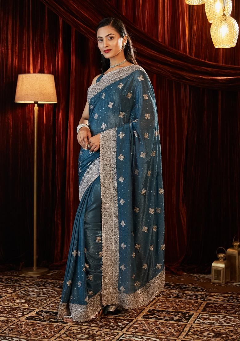 Turquoise Blue Embroidered Chiffon Saree Set