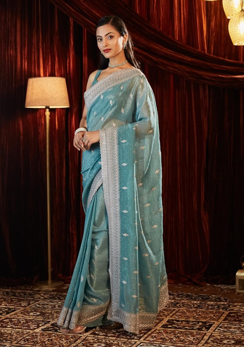 Teal Blue Embroidered Chiffon Saree Set