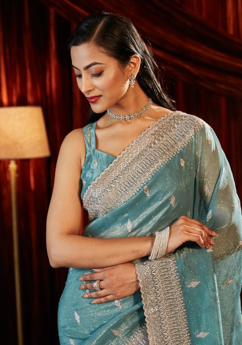 Teal Blue Embroidered Chiffon Saree Set