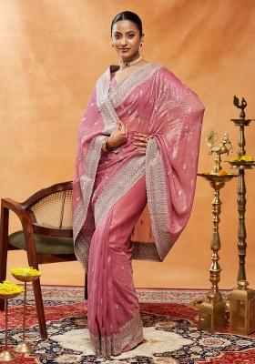 Pink Embroidered Chiffon Saree Set